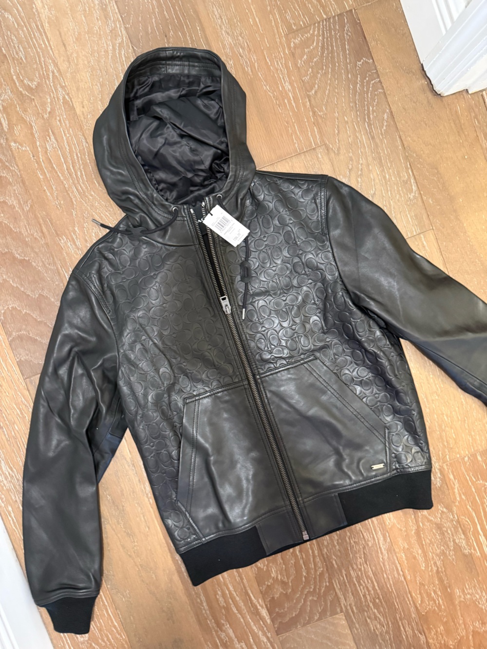 Coach Black Lamb Leather Hooded Bomber Jacket with Signature Emboss